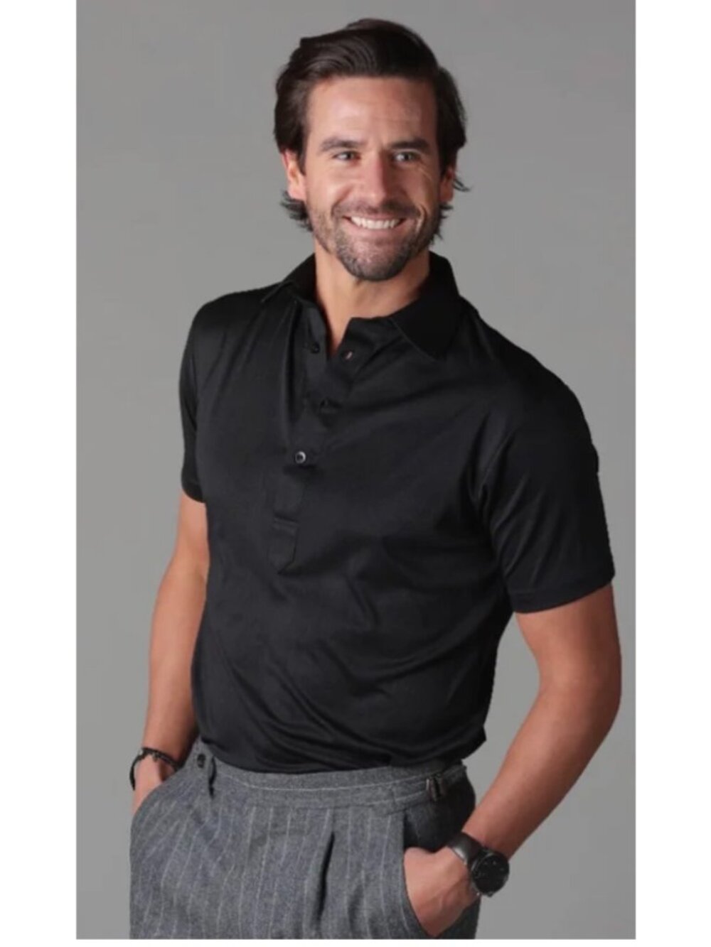 Collars & Co. Mens Relaxed Fit Dress Collar Polo Large Black Polyester